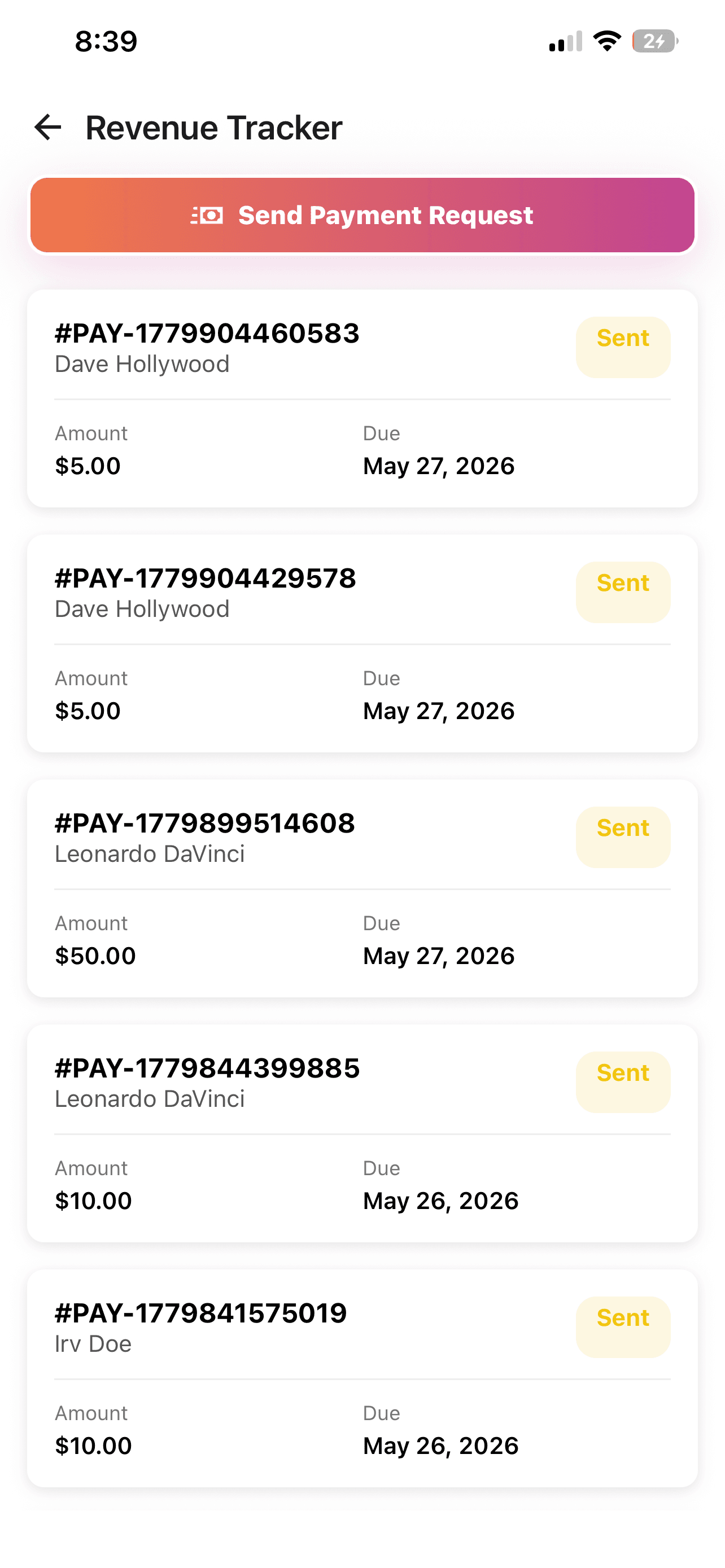 BetterFlow mobile screen showing payment activity