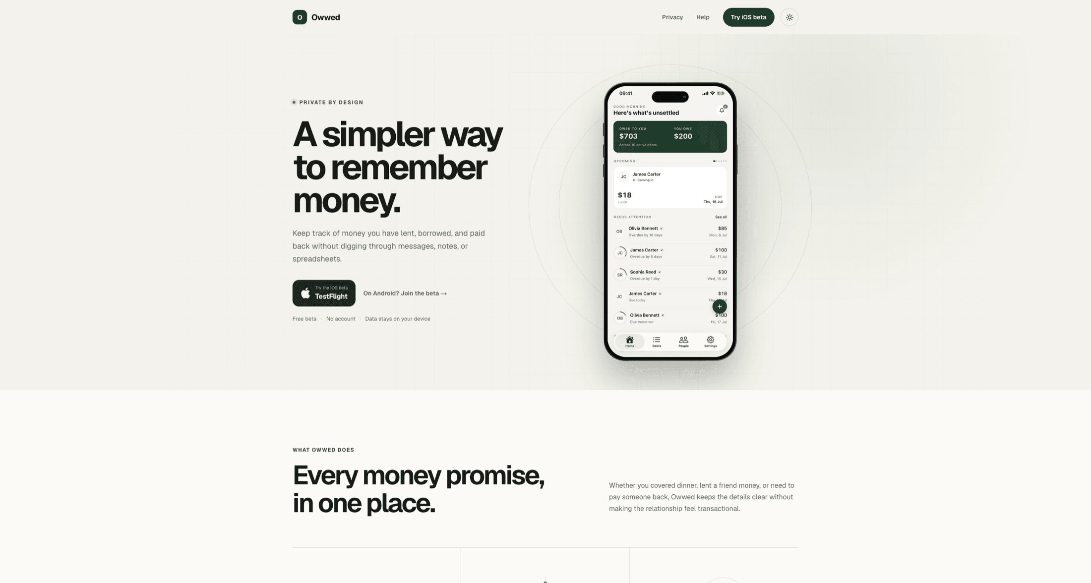 Owwed mobile debt tracker presented on its product website