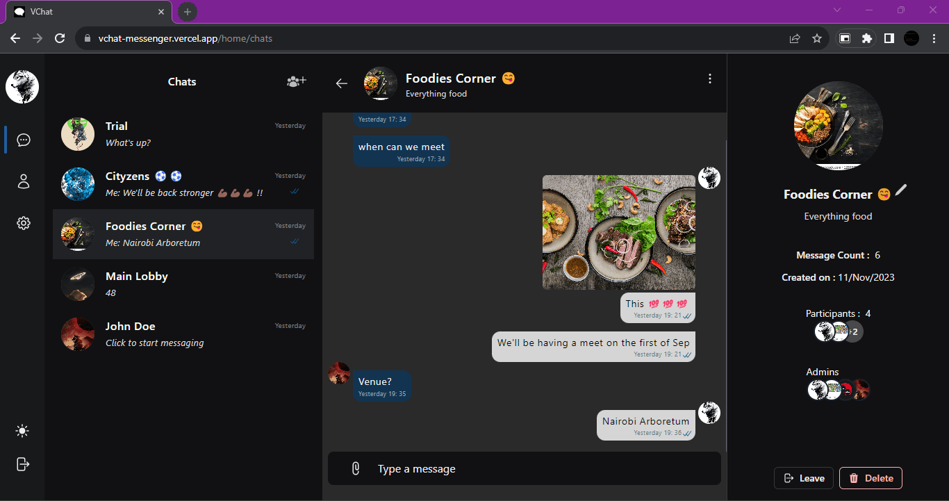 VChat group conversation with image sharing, read receipts, participants, and group administrators