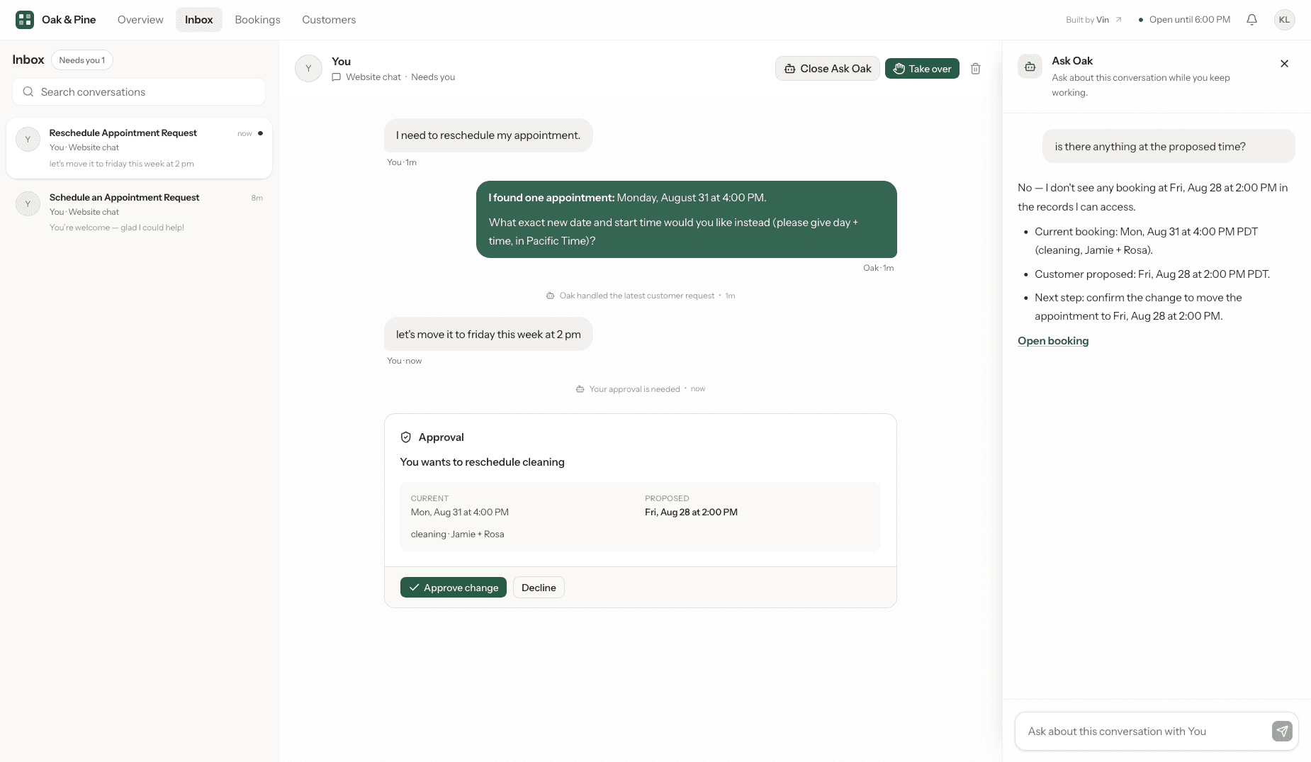 BO Assistant inbox showing a customer reschedule conversation, an approval card comparing the current and proposed appointments, and an Ask Oak summary