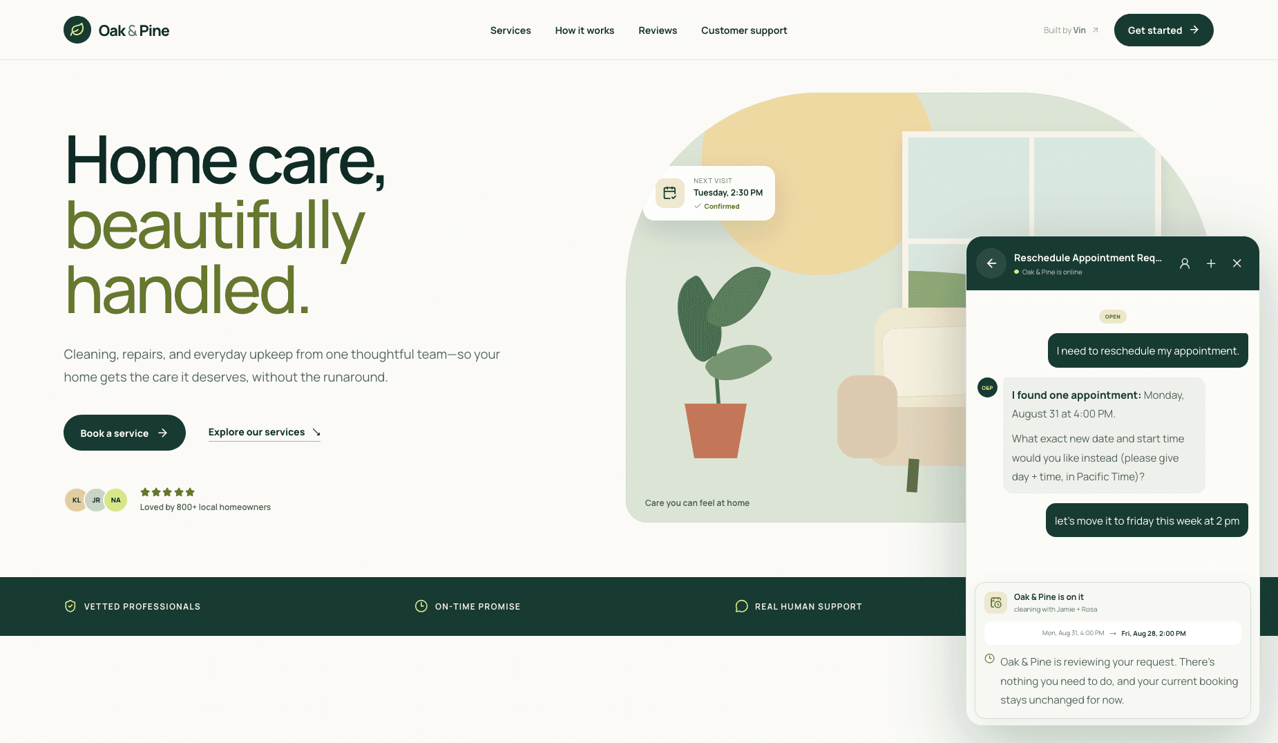 Oak and Pine website support assistant showing a customer request to move a cleaning appointment from Monday to Friday