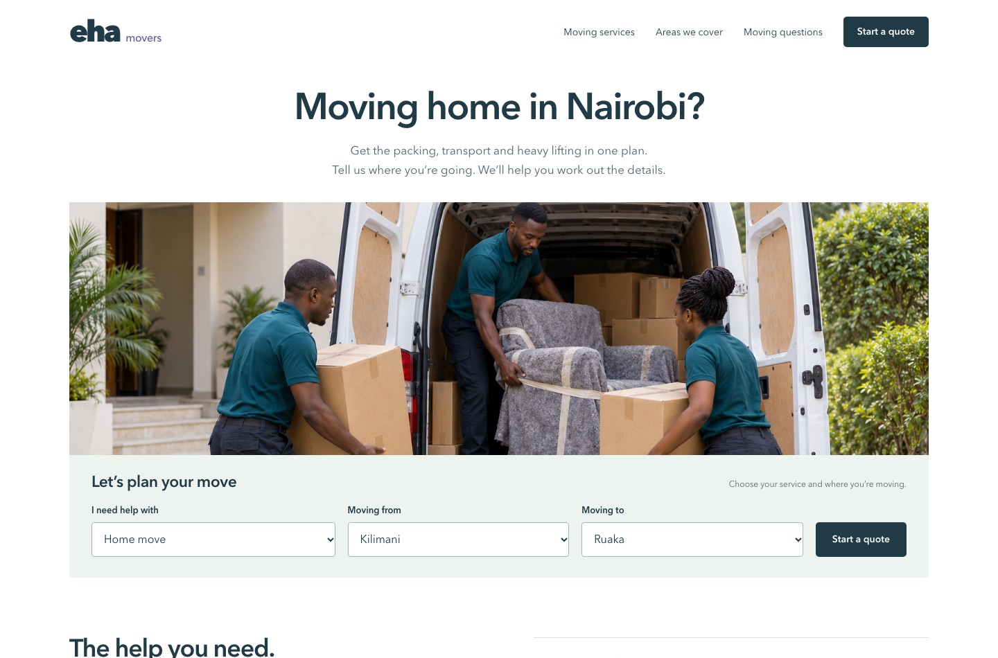 Eha Movers desktop website showing moving services, photography and a quote enquiry form