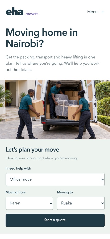 The same Eha Movers website adapted for mobile