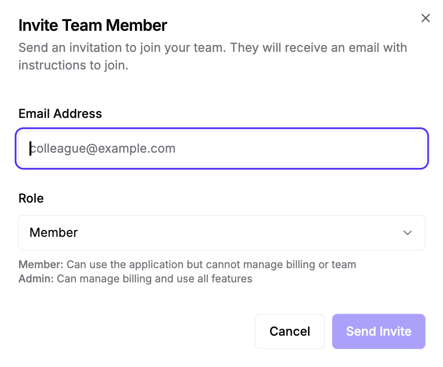 Blank team invitation form explaining that members can use the application while admins can also manage billing